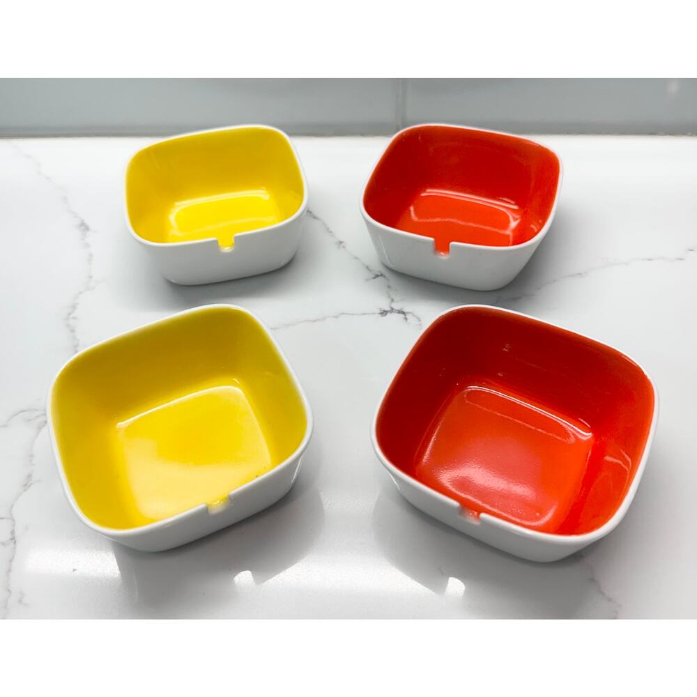 SET OF FOUR:  Yellow and Red Ceramic/porcelain Condiment Dishes with Spoon Notch